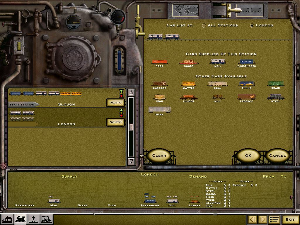 Railroad Tycoon II (Windows) screenshot: Selecting cargo and wagons.