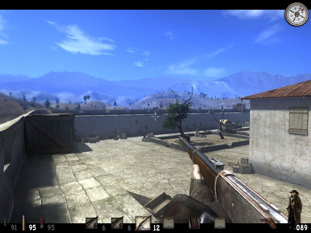 Call of Juarez (Windows) screenshot: Keeping an eye out for enemies inside the city of Juarez.