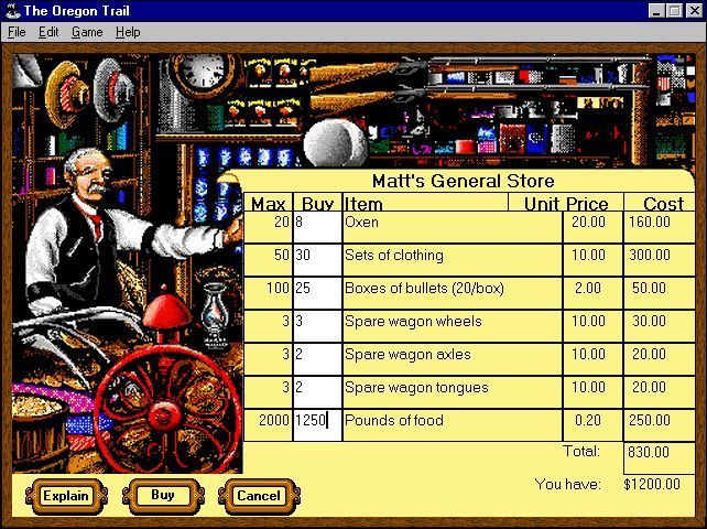 The Oregon Trail (Windows) screenshot: Equipping the party at the general store prior to departure. The cash available depends upon the players choice of career.