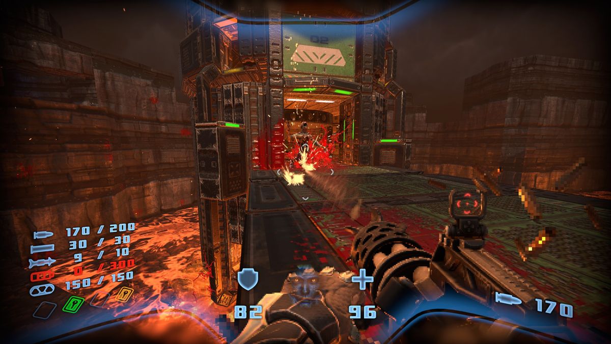 Prodeus (Windows) screenshot: An enemy is held back with the minigun (v0.2.4 Early Access version)..