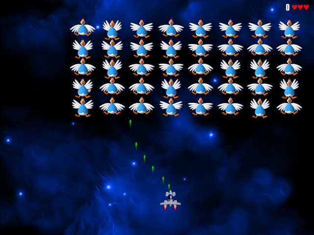 Chicken Invaders (Windows) screenshot: The first wave.