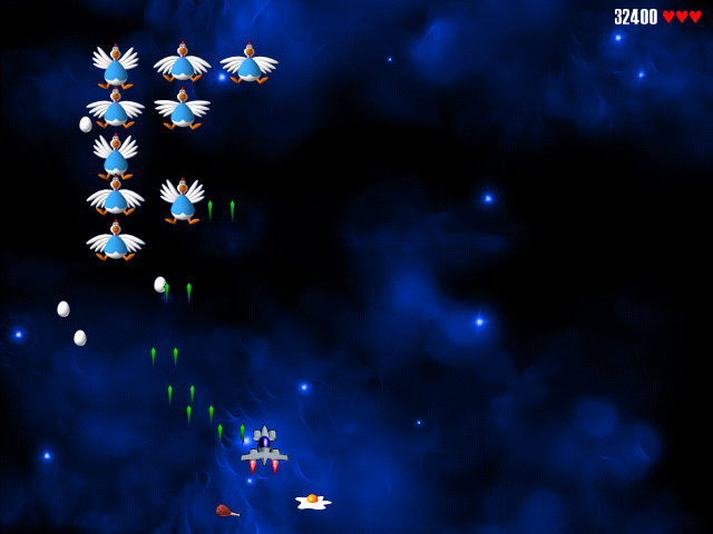 Chicken Invaders (Windows) screenshot: Watch out for their eggs!