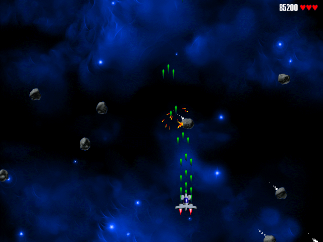 Chicken Invaders (Windows) screenshot: The asteroids can be blasted.