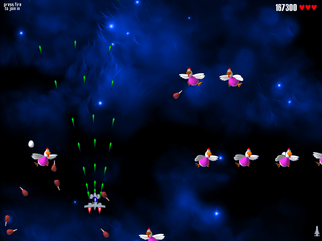 Chicken Invaders (Windows) screenshot: Upgraded weapons to the 5th level.