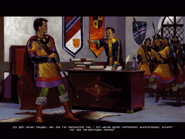Realms of Arkania III: Shadows over Riva (DOS) screenshot: The heroes are charged with murder.
