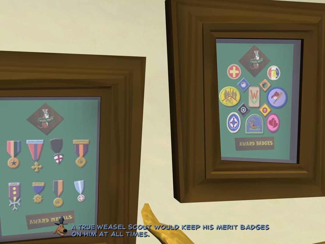 Sam & Max: Season Two - Chariots of the Dogs (Windows) screenshot: The weasel scout badges of president Kennedy.