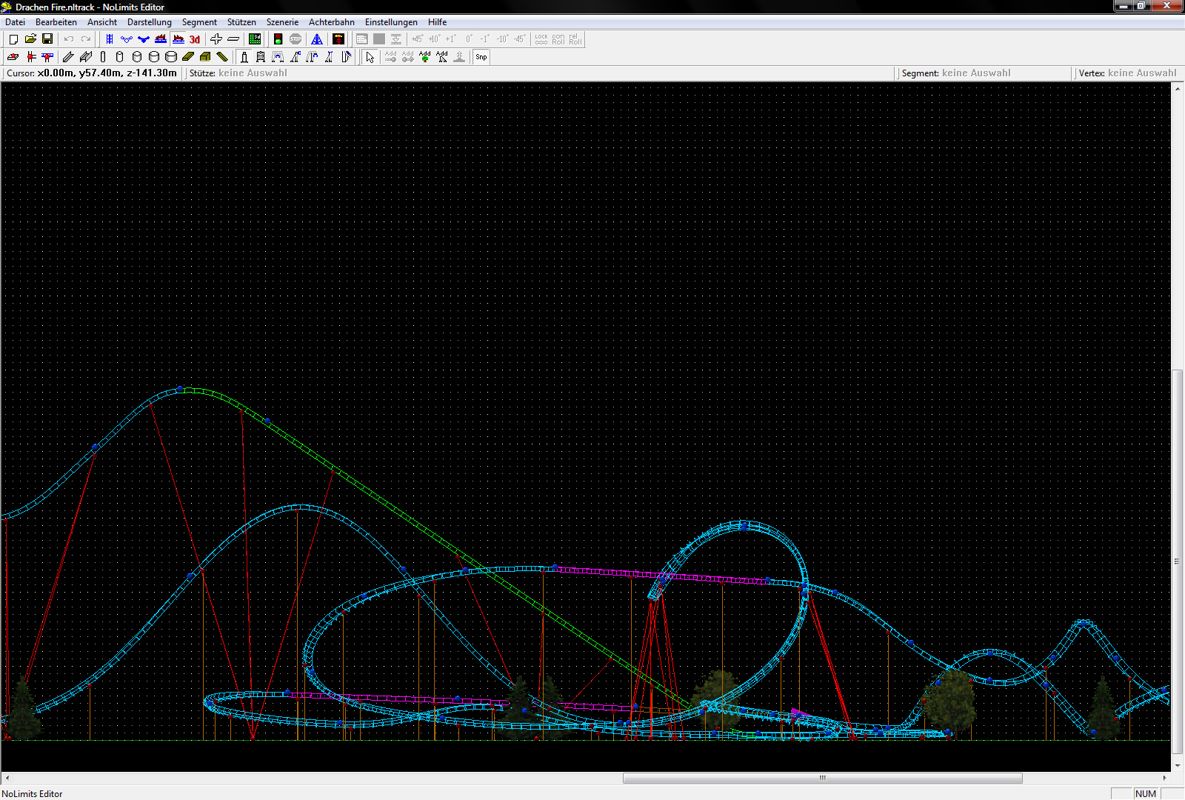 NoLimits Roller Coaster Simulation (Windows) screenshot: The track Drachen Fire in the included editor.