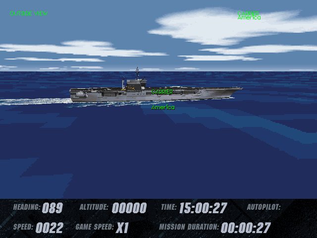 Top Gun: Fire at Will! (DOS) screenshot: Carrier America somewhere on a pacific ocean.