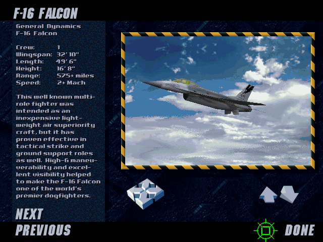 Top Gun: Fire at Will! (DOS) screenshot: You can view information from a many different air planes.