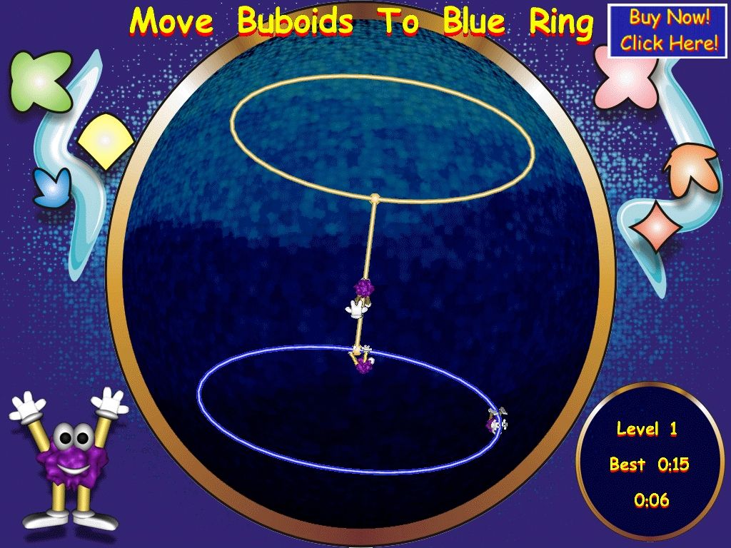 Buboids: The 3D Action Puzzle Game (Windows) screenshot: The first level. You have to spin and turn the network so the Buboids stand in the blue ring.