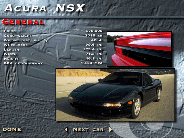 The Need for Speed: Special Edition (DOS) screenshot: General information about Acura NSX