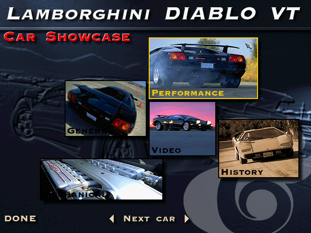 The Need for Speed: Special Edition (DOS) screenshot: Lamborghihi Diablo VT showcase