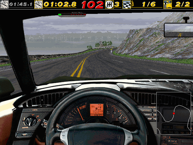 The Need for Speed: Special Edition (DOS) screenshot: Inside the Chevrolet Corvette ZR-1 on the Vertigo Ridge track.