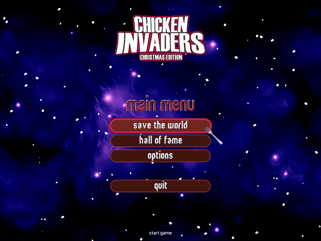 Chicken Invaders: The Next Wave - Christmas Edition (Windows) screenshot: Main menu.