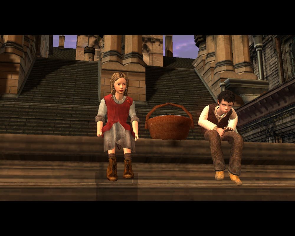 The Golden Compass (Windows) screenshot: Lyra and Roger sitting down.