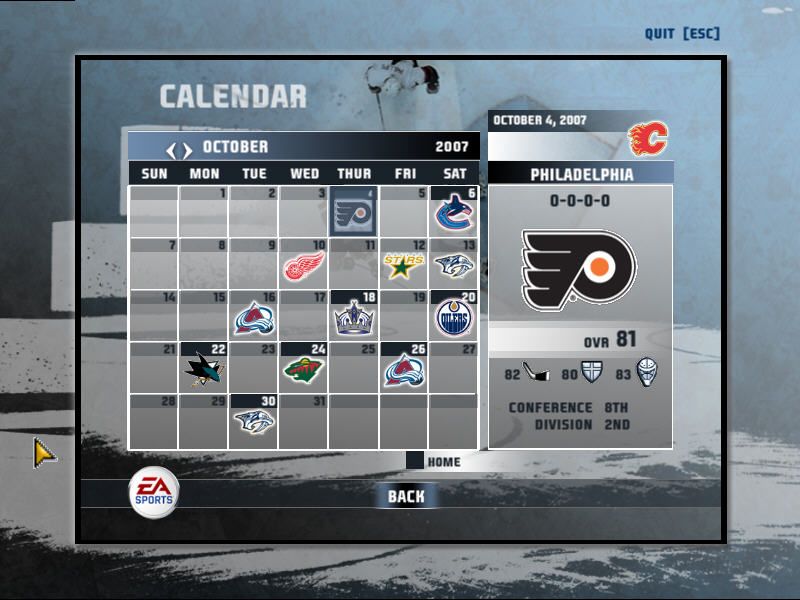 NHL 08 (Windows) screenshot: Season calendar