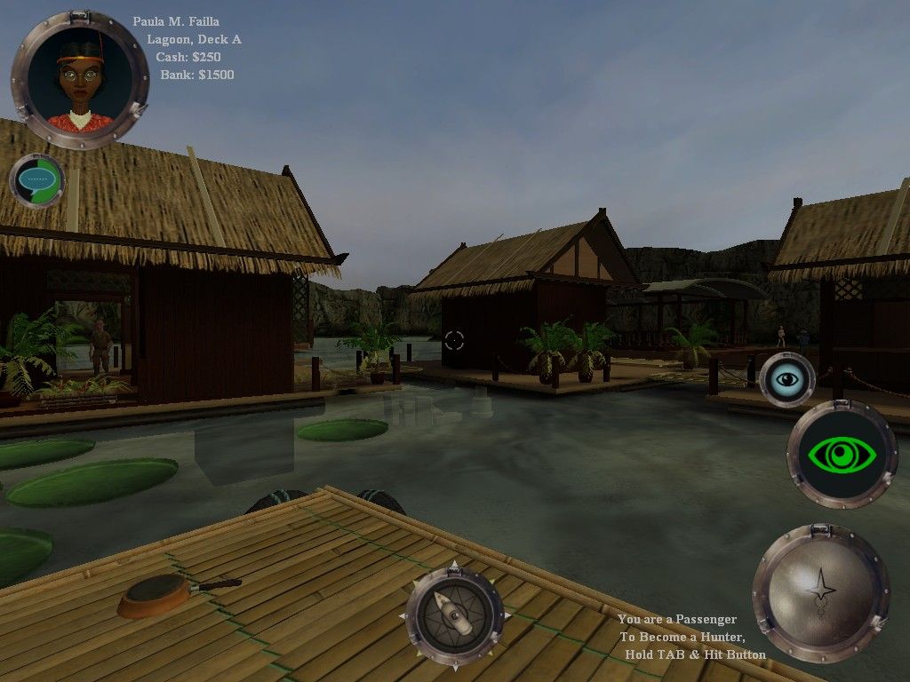 The Ship (Windows) screenshot: Raifucu Maru is a small boat, so most of the action takes place in the lagoon resort where it's docked.
