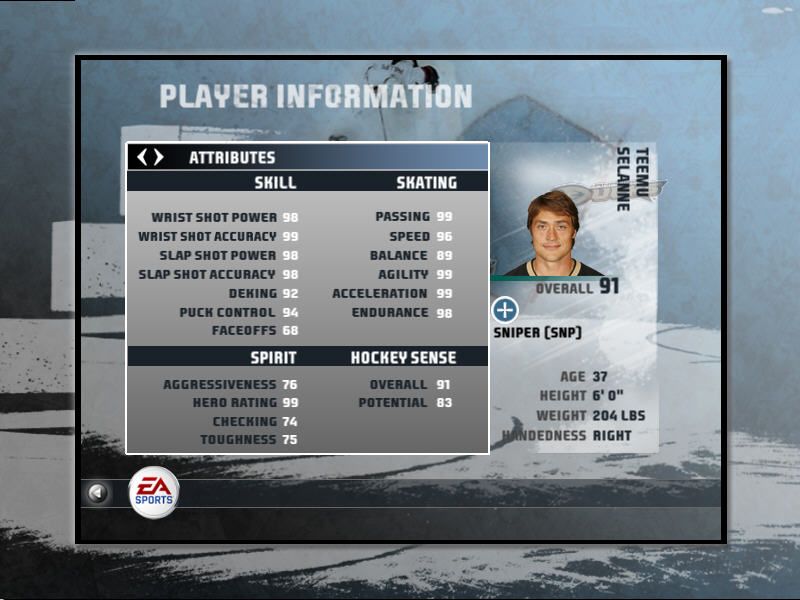 NHL 08 (Windows) screenshot: Player information screen