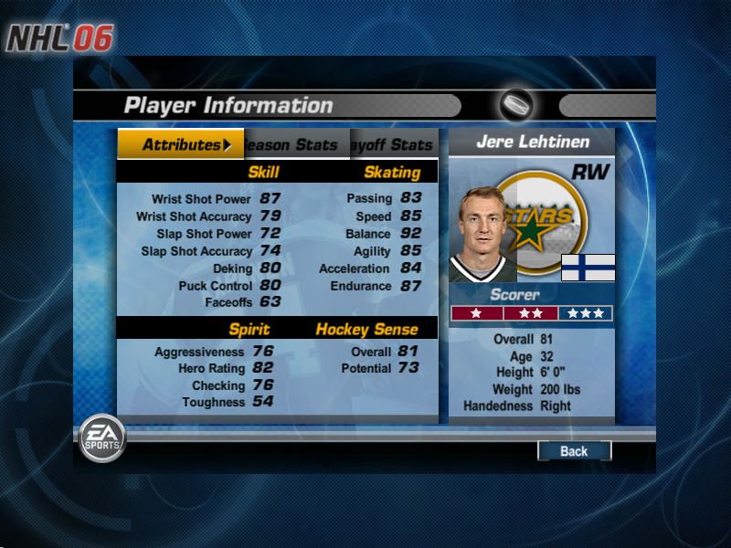 NHL 06 (Windows) screenshot: Player Information