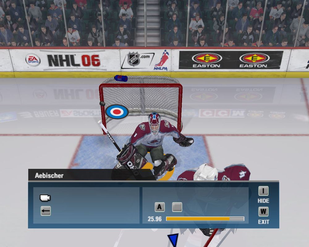 NHL 06 (Windows) screenshot: Puck hits the post.