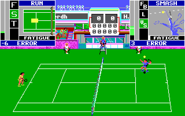 Serve & Volley (DOS) screenshot: Centre court with grass surface (EGA)