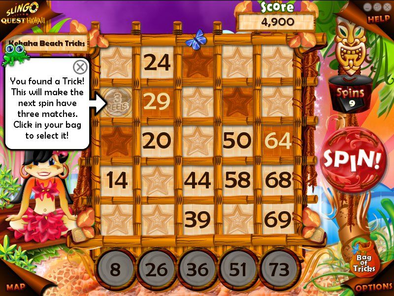 Slingo Quest Hawaii (Windows) screenshot: 3 Reels trick