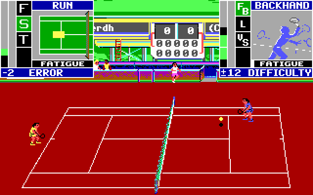 Serve & Volley (DOS) screenshot: Returning a serve on a clay court (EGA)