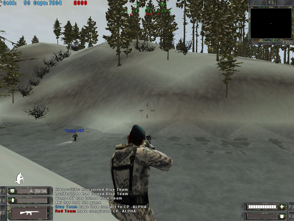 Söldner: Secret Wars (Windows) screenshot: Watching a team mates back while he is crossing a river.