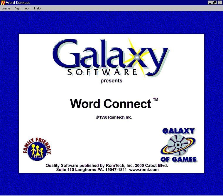 Word Connect (Windows) screenshot: This is the first screen that is displayed when the game starts up. The game plays in a window with many options accessed via the top menu bar