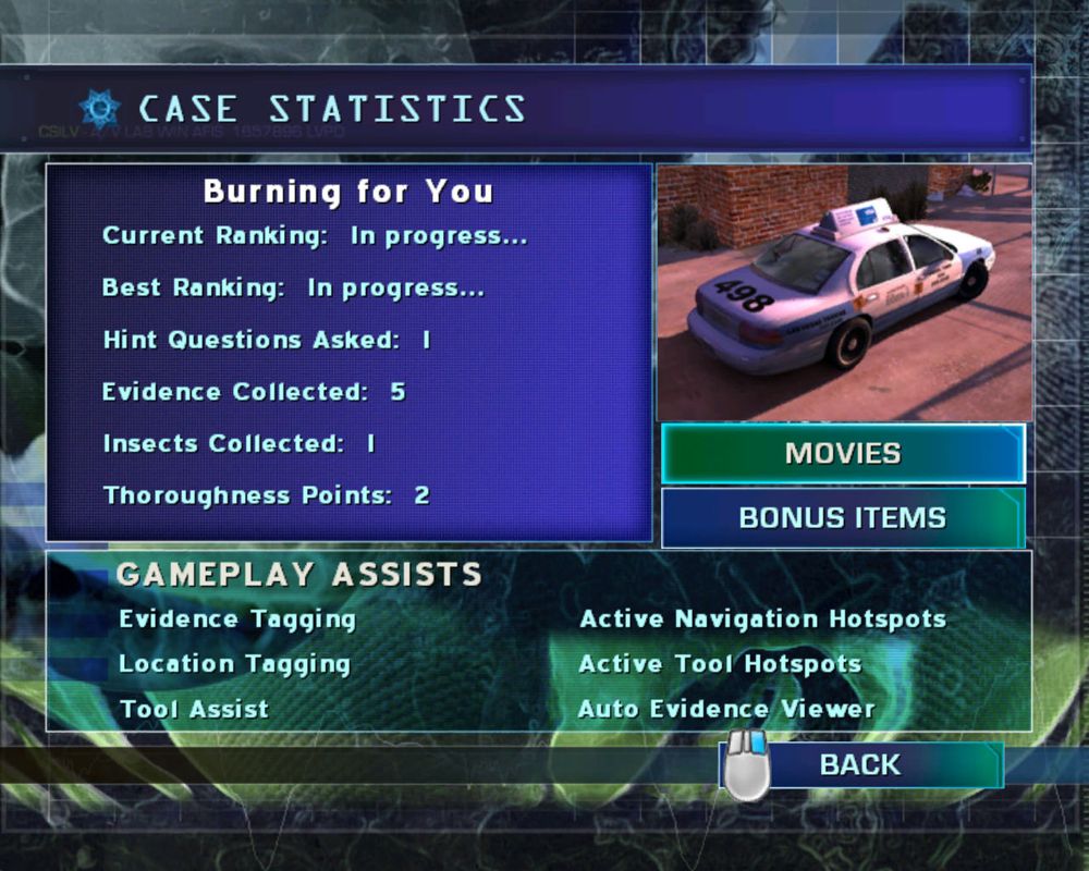 CSI: Crime Scene Investigation - Hard Evidence (Windows) screenshot: Case statistics screen