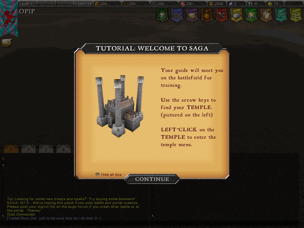 Saga (Windows) screenshot: Training, find the temple.
