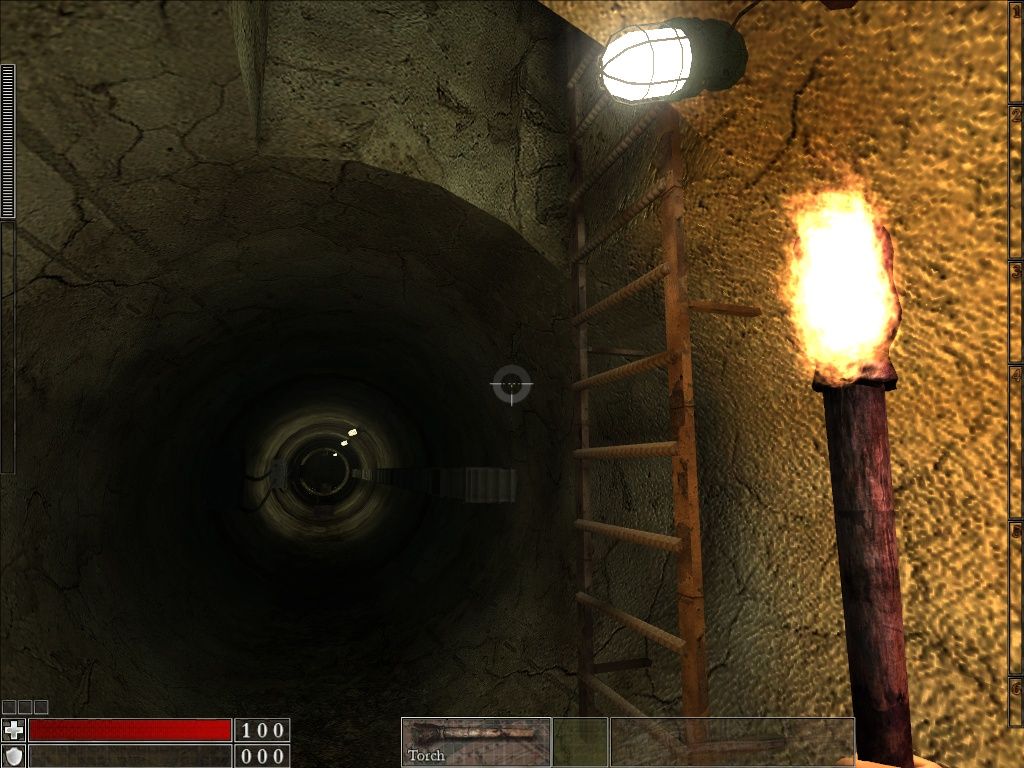 The Stalin Subway (Windows) screenshot: The game gets all 'Ultima Underworld' at one point, leaving you to wander round dark tunnels holding a torch.