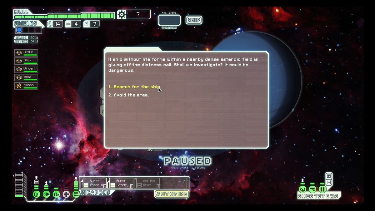 FTL: Faster Than Light (Windows) screenshot: Various encounters offer the player to weigh potential risks with possible rewards. Asteroid showers can cause a lot of damage if they penetrate the shields.