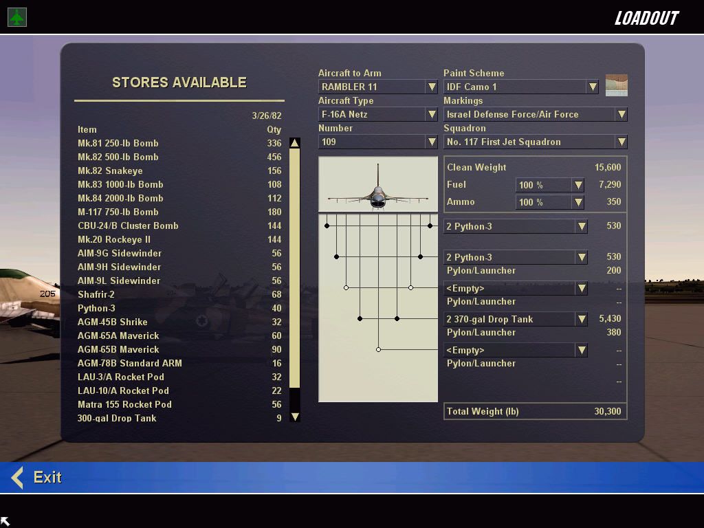 Wings over Israel (Windows) screenshot: Weapons loadout screen