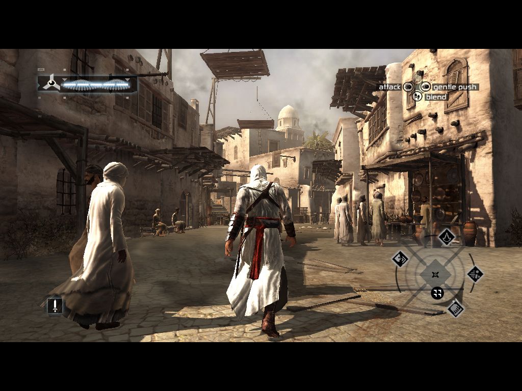 Assassin's Creed (Director's Cut Edition) (Windows) screenshot: Walking the streets of Damascus. The compass in the corner shows me where I need to go, to complete my missions.