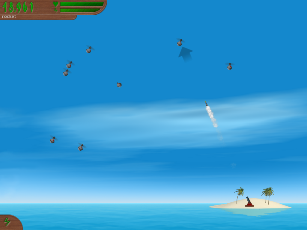 Island Wars 2 (Windows) screenshot: Now I have the rocket upgrade but I don't like how the camera's pulled out this far.