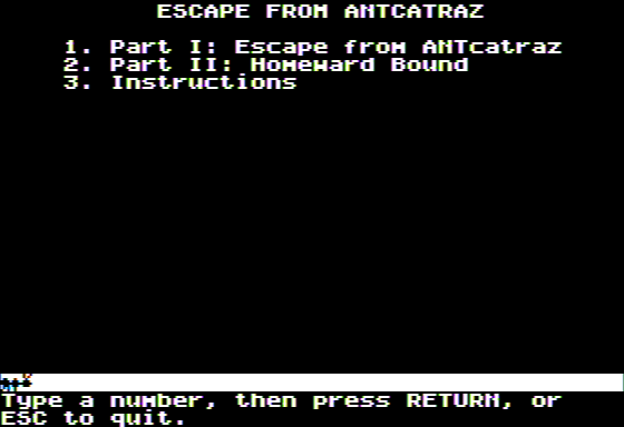 Microzine #23 (Apple II) screenshot: Escape from Antcatraz - Main Menu