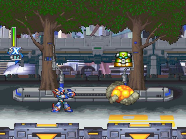 Mega Man X5 (Windows) screenshot: Megaman shooting enemy