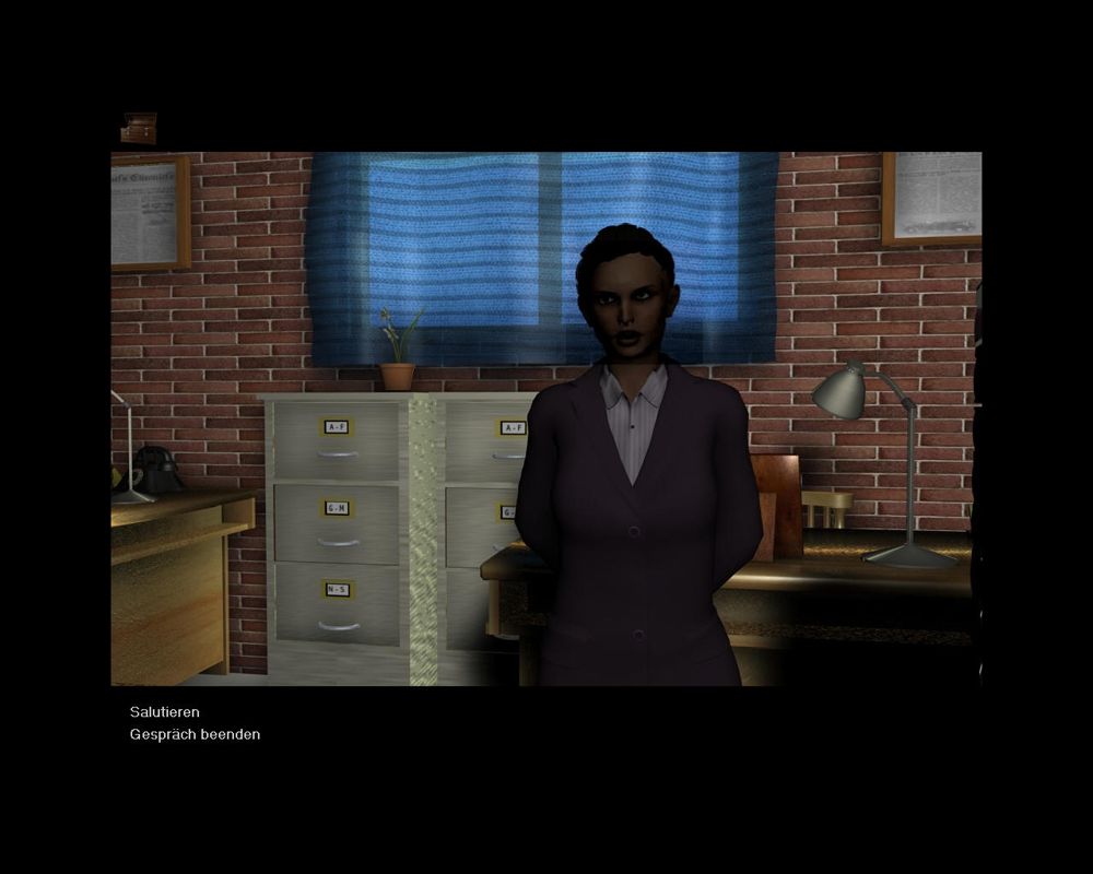Aurora: The Secret Within (Windows) screenshot: The editor of the local newspaper (why I should salute to her remains a mystery).
