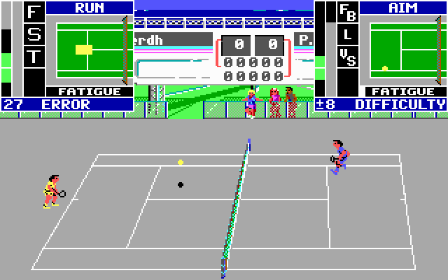 Serve & Volley (DOS) screenshot: Playing on hardcourt surface (EGA)