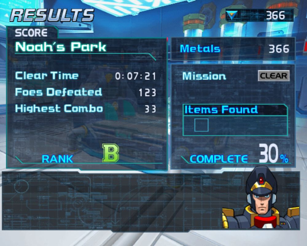 Mega Man X8 (Windows) screenshot: Mission Noah's Park completed.