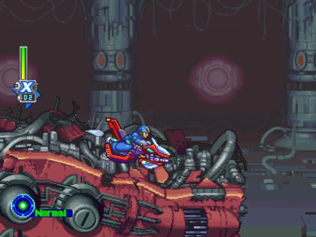 Mega Man X5 (Windows) screenshot: Megaman riding some kind of futuristic bike.