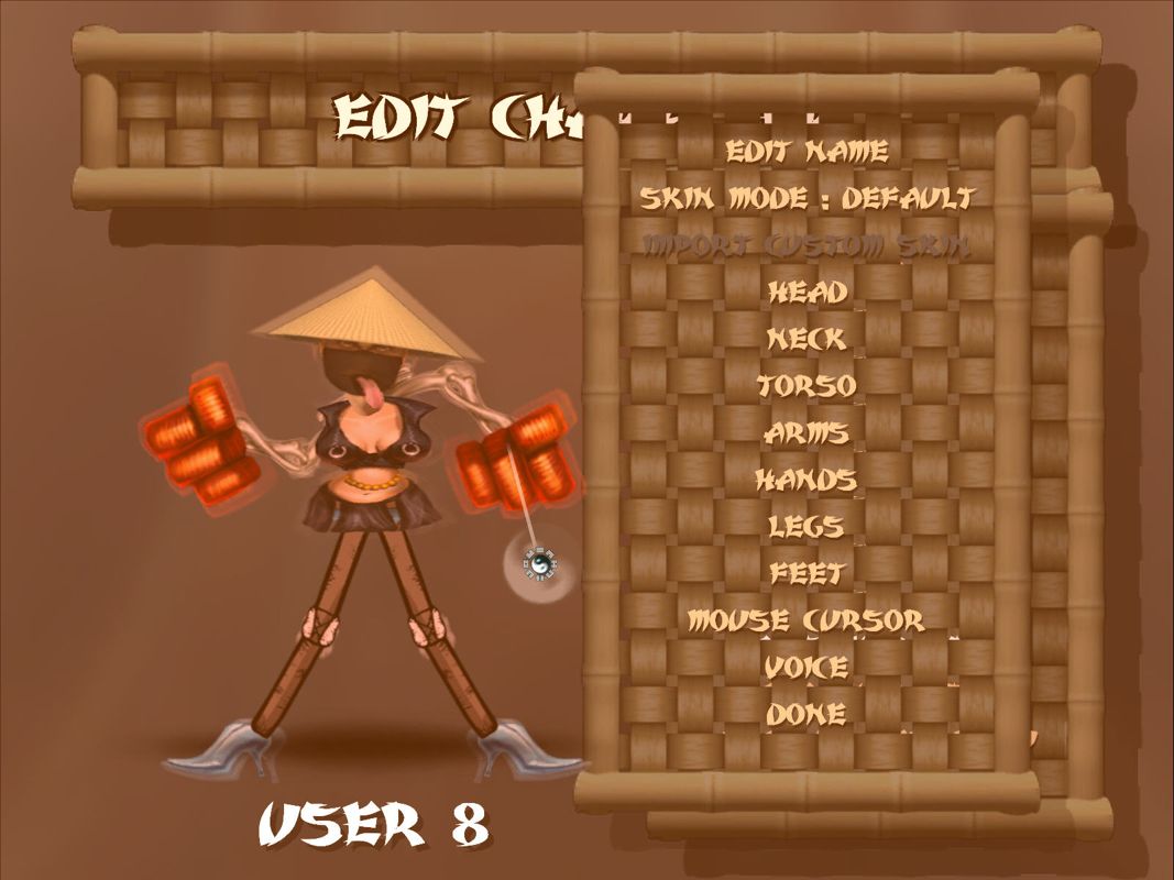 Rag Doll Kung Fu (Windows) screenshot: Dude looks like a lady... or, parts of one anyway. Mix and match body parts to create your own warrior.