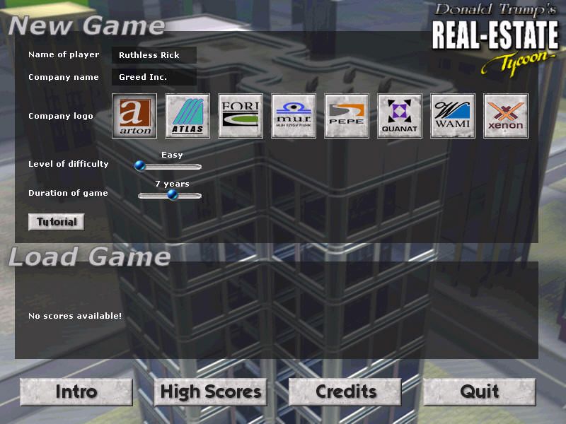 Donald Trump's Real Estate Tycoon! (Windows) screenshot: Main menu