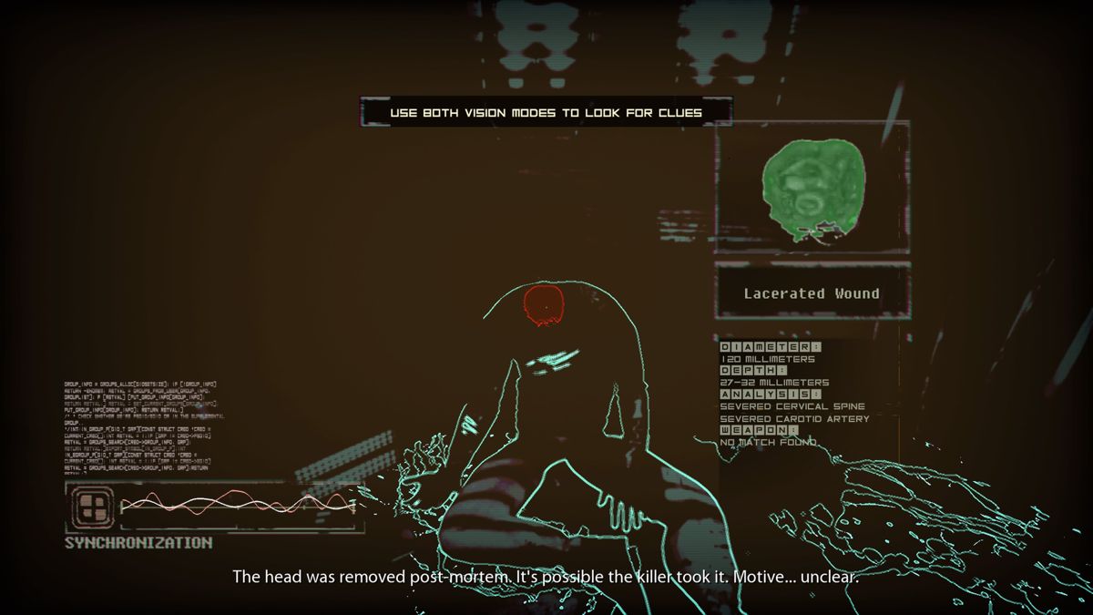 >observer_ (PlayStation 4) screenshot: Analyzing the crime scene