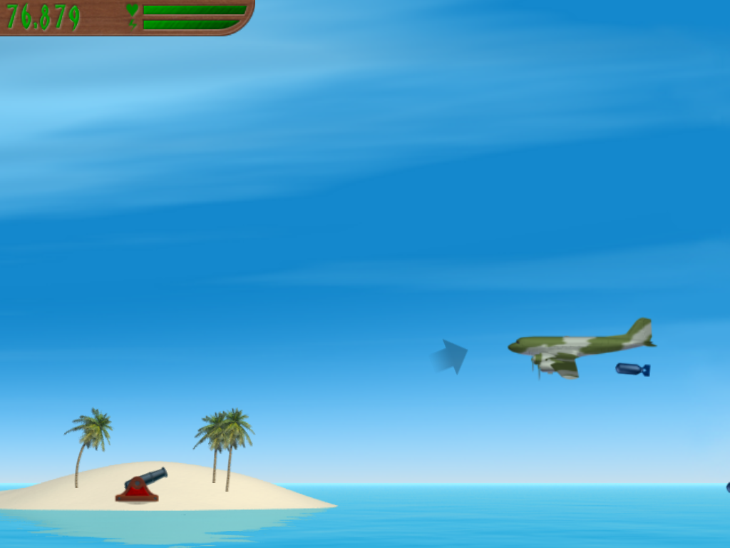 Island Wars 2 (Windows) screenshot: Bomber planes start doing runs over your island. Protect those trees!