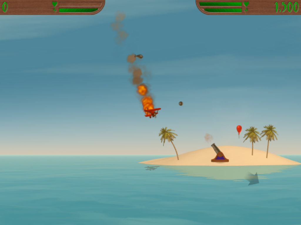 Island Wars 2 (Windows) screenshot: The second round reverses the roles and has you protect your own island against a solitary fighter plane.