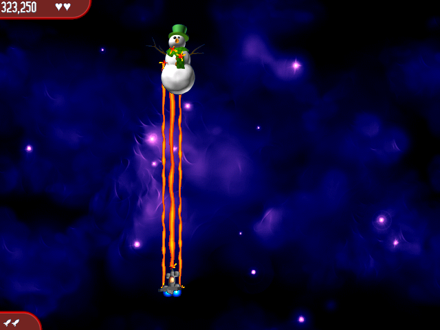 Chicken Invaders: The Next Wave - Christmas Edition (Windows) screenshot: The first boss is a snowman.