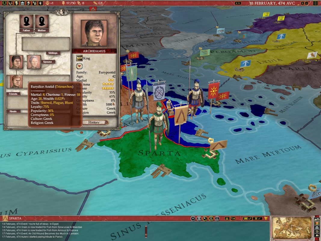 Europa Universalis: Rome (Windows) screenshot: This is Sparta! Like that line, the glory of Sparta has long since dwindled, as evident by the plagued queen being better skilled in war than her king.