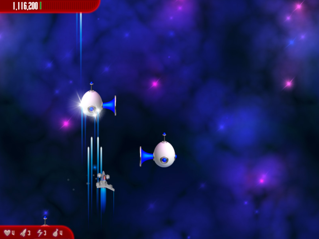 Chicken Invaders: Revenge of the Yolk - Christmas Edition (Windows) screenshot: These guys fly vertically and shoot an impenetrable beam across the screen.